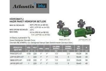 Atlantis Blu JM100.EPC-ST  1 Hp 220V  Hidromatlı Hazır Paket Hidrofor Seti