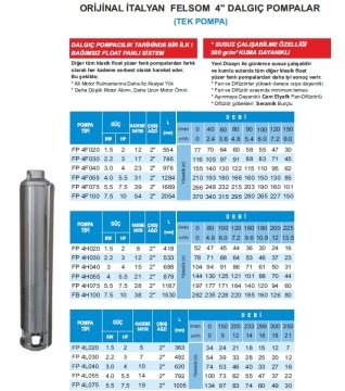 Felsom  FP 4E010     1Hp 8 Kademeli  4'' Tek Dalgıç Pompa  (Orjinal İtalyan)