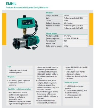 Wilo  EMHIL 305 M   1Hp  220V  Frekans Konvertörlü Normal Emişli Kademeli Hidrofor