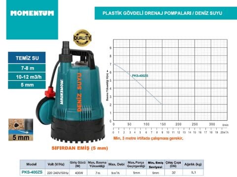 MOMENTUM PKS400-ZS 220V 400W PLASTİK GÖVDELİ DRENAJ POMPASI