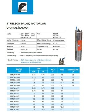 Felsom  FMO4 010T    1Hp 380V   4'' Dalgıç Motor (Orjinal İtalyan)