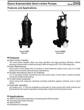 Ebara 65 DVSA  5.75    0.75kW 380V  Yarı Vortex Fanlı Atıksu Dalgıç Pompa