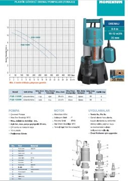 Momentum PQB-1100W  1100W-220V  Plastik Gövdeli Tonajlı Drenaj Pompa