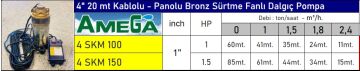Amega 4 SKM 100  1Hp 4\'\' 20 Metre Kablolu Panolu Bronz Sürtme Fanlı Paket Dalgıç Pompa