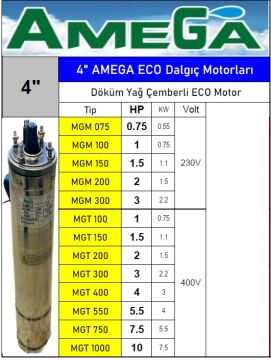 Amega MGT 400  4Hp 380V 4'' Döküm Yağ Çemberli Derin Kuyu Sondaj Dalgıç Motor (Eco motor)
