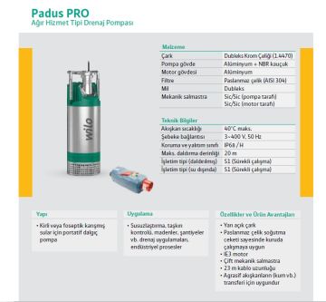 WİLO Padus PRO M05/M015-523/P  380V  2 Hp  Ağır Hizmet Tipi Kirli Su Drenaj Pompa