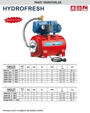 Pedrollo HYDROFRESH  JCRm2A-Y-50LT   1.5Hp 220V  Tanklı Paket Hidrofor