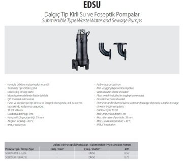 Aquastrong  50EDSUm9-6-0.55L       0.55kW 220V  Komple Döküm Kirli Su Ve Foseptik Dalgıç Pompa