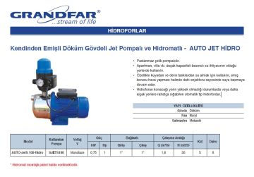 Grandfar AUTO-JetS 100-Hidro  1Hp 220V Kendinden Emişli Paslanmaz Çelik Jet Pompalı Hidromatlı Paket Hidrofor