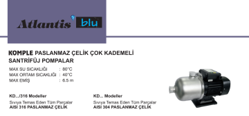 Atlantis Blu KD2-6 M 1hp 220v Komple Paslanmaz Çelik Çok Kademeli  Santrifüj Pompa
