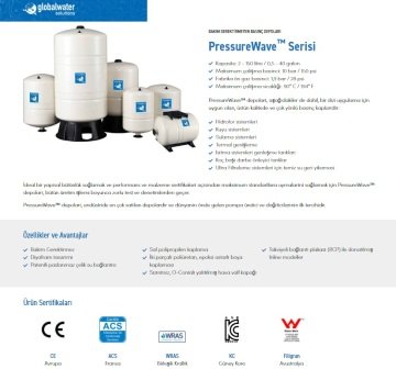 Global Water PWB-8LH  8Litre 10 Bar Yatay Ayaklı Patlamayan Genleşme Tankı