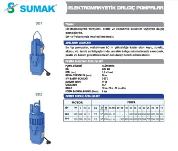 Sumak SD1  40 m. Kablolu 250W 220V Elektromanyetik Dalgıç Pompa (Titreşimli)