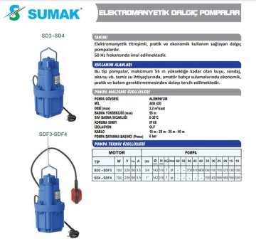 Sumak SD1  40 m. Kablolu 250W 220V Elektromanyetik Dalgıç Pompa (Titreşimli)