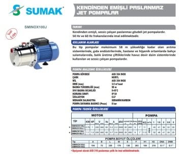 Sumak SMINOX100J  1Hp 220V Paslanmaz Kendinden Emişli Jet Pompa