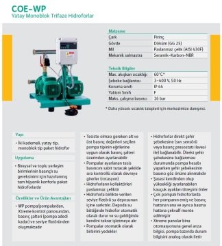 Wilo COE3-WP205  380V  3X7.5HP  Üç Pompalı Yatay Monoblok Trifaze Hidrofor
