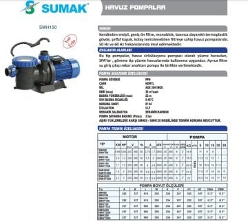Sumak SMH85   0.85Hp 220V  Ön Filtreli Havuz Pompası