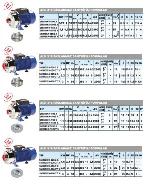 Sumak SMINOX/A-100 X  1Hp 220V  Paslanmaz Santrifüj Pompa (AISI 316)