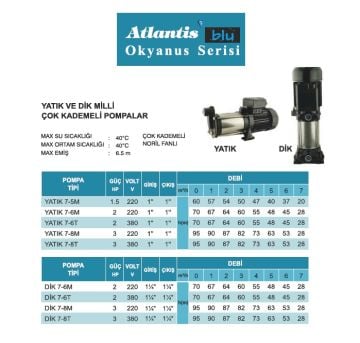 ATLANTİS YATIK 7-5M 1.5HP 220V Yatık Milli Çok Kademeli Pompa