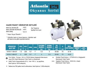 ATLANTİS YATIK 7-6M-ST  2HP 220V Hazır Paket Hidrofor Seti - 50 Litre Yatay Tanklı - Sabit / Patlamayan Membranlı