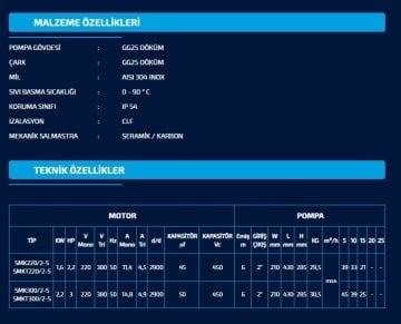 Sumak SMK300/2-S   3Hp 220V  Çift Kademeli Sıcak Su Santrifüj Pompa