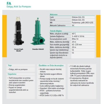 Wilo FA 10.82-245E + T 17.2-4/24H Ex   20.4Hp 380V  Atık Su Ağır Hizmet Tipi Drenaj Dalgıç Pompa