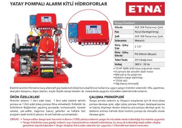 Etna Y2 KO 15/8-55+D10 PİLOTSUZ Paslanmaz Çelik Gövdeli 380V Yatay Pompalı Alarm Kitli Hidrofor (Dizel+Elektrikli) - Aisi 304 -YANGIN HİDROFORU