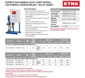 Etna 1KO-ST5/8-15  2Hp 380V Tek Pompalı Komple Paslanmaz Çelik Sabit Devirli Hidrofor (Aisi 304)