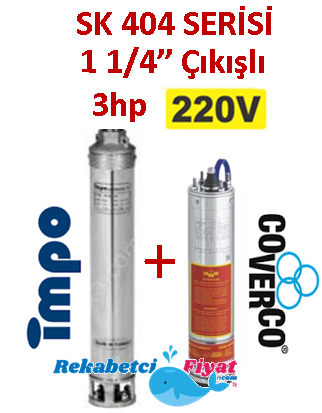 SK 404-27 3HP 220V 1 1/4'' Çıkışlı Sondaj Dalgıç Pompa İmpo Pompa - Coverco Motor(Pompa krom başlıklıdır.)