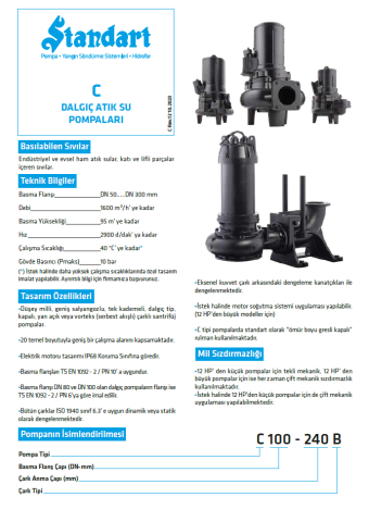 Standart C 50-160 F (1.1 kW - 1.5 HP) Parçalayıcı Bıçaklı Dalgıç Pompa